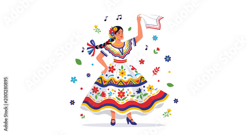 A woman wearing a vibrant floral dress dances while holding a white cloth surrounded by colorful floating flowers and musical notes in a lively cultural festival scene.