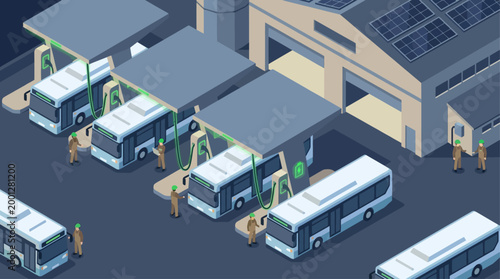 Isometric Electric Bus Charging Station with Solar Powered Depot and Maintenance Workers for Sustainable Public Transportation Infrastructure
