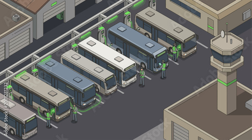 Isometric Electric Bus Charging Station with Technicians, Sustainable Public Transportation Infrastructure and Green Energy Fleet Management Concept