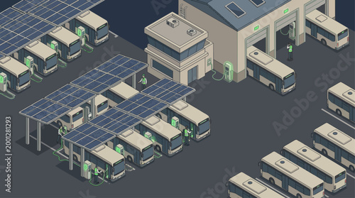 Isometric Electric Bus Depot with Solar Power Charging Station for Sustainable Public Transportation and Green Energy Infrastructure