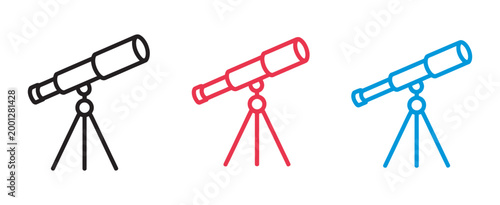 Astronomical Telescope on Tripod Icons Set, space discovery science vector illustration, astronomy research, stargazing equipment symbol, cosmic observation concept
