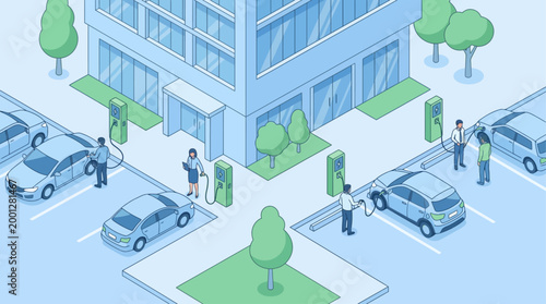Isometric Electric Vehicle Charging Station with People and Cars at Office Building for Sustainable Transportation and Green Energy Concept