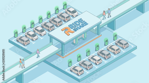 Isometric Rideshare Station with Electric Vehicle Charging Hub and Sustainable Urban Mobility Concept