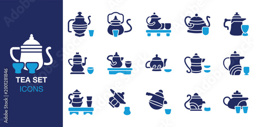 Tea Set icon set. Containing set, tea, cup, ceremony, drink and more. Solid vector icons collection. Vector illustration.