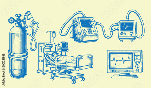 Hospital intensive care unit equipment with patient bed and monitor in vintage etched style.