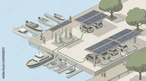 Isometric sustainable marina infrastructure with electric vehicle charging stations and solar panel carports for eco-friendly transportation and clean energy concept