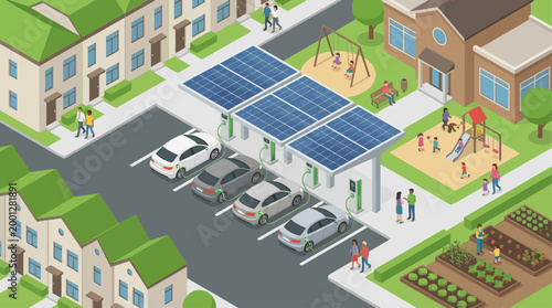 Isometric Smart City Neighborhood with Solar Powered Electric Vehicle EV Charging Station and Community Garden