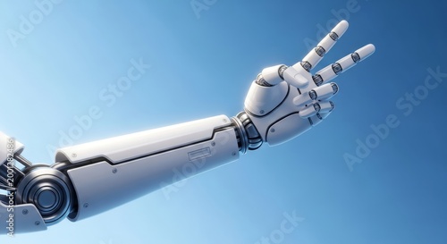 A robotic arm extends outward with its metal fingers splayed against a gradient blue background in a futuristic scene