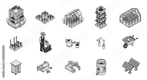 Collection of isometric industrial building icons and elements.