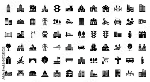 Collection of City Icons Representing Urban Life and Infrastructure.