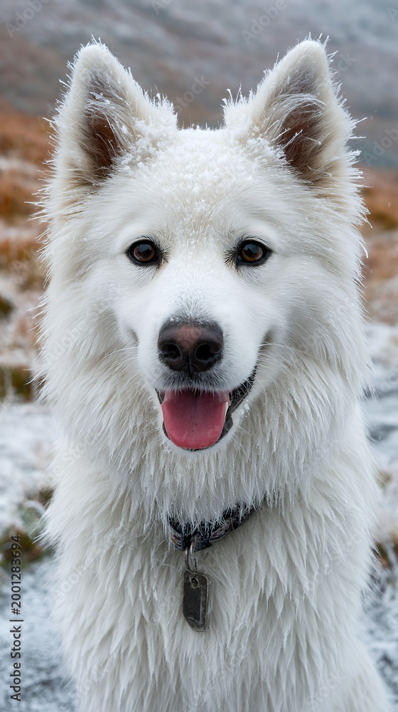 Fototapeta premium Snowy Samoyed: Frosty Fur and Playful Winter Pup