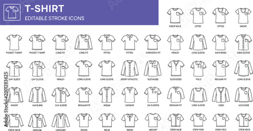 Large vector icon set of various t-shirt styles including polo v-neck long sleeve pocket tee and henley with editable strokes