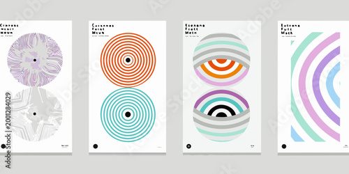 four modern music festival posters with colorful geometric designs