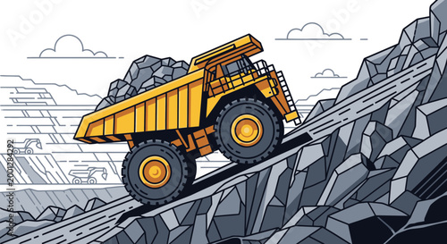 Large yellow mining truck hauling rocks on a steep incline illustration