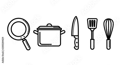 Outline drawings of kitchen tools frying pan pot knife spatula whisk utensils