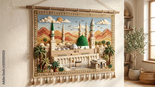 Decorated Islamic artwork tapestry with a green dome structure in a cozy room.