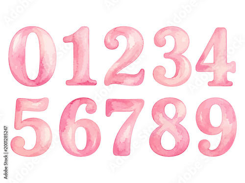 Fotografie A charming watercolor set of pink numbers featuring digits 0 to 9 with soft pastel texture designed for cards and print