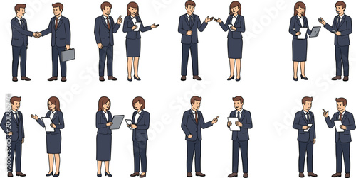 Business people interactions set with handshake discussion and communication corporate professionals teamwork office situations flat vector illustration collection