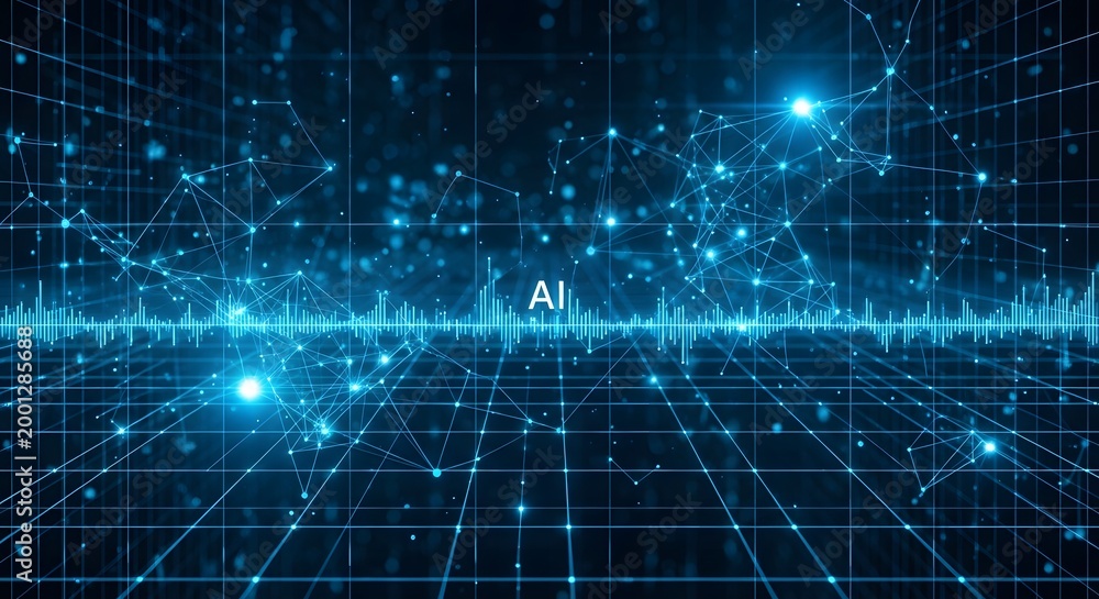 Naklejka premium Neural network nodes connected in blue digital cyberspace grid background