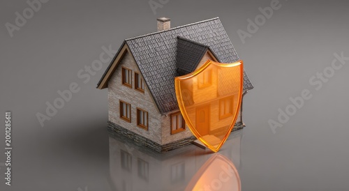 A miniature house is protected by a glowing orange shield, symbolizing home security and insurance.