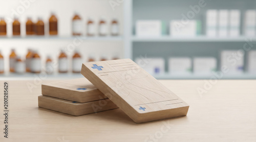 Calm minimal healthcare concept with prescription block on table. soft focus medical pharmacy background gives context for medication and professional business