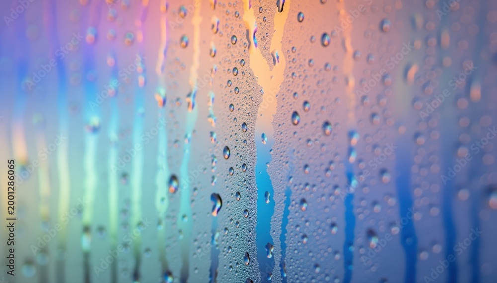 Obraz premium Rainbow Tears: Delicate raindrops cascade down a pane of glass, creating a mesmerizing display of colors and light, evoking a sense of calm and ethereal beauty.