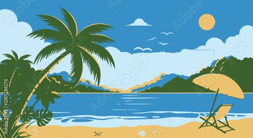 Beach scene with palm trees ocean mountains and parasol under sunny sky