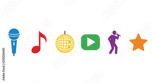 Colorful music and entertainment icons set microphone note disco ball play