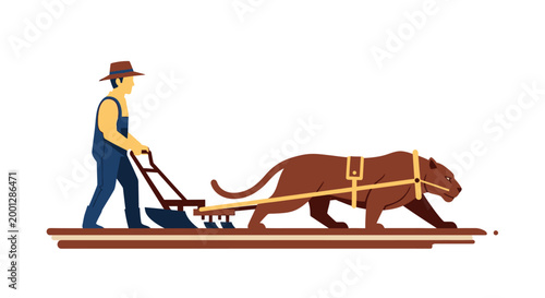 Farmer plowing field with animal vector illustration isolated on white background
