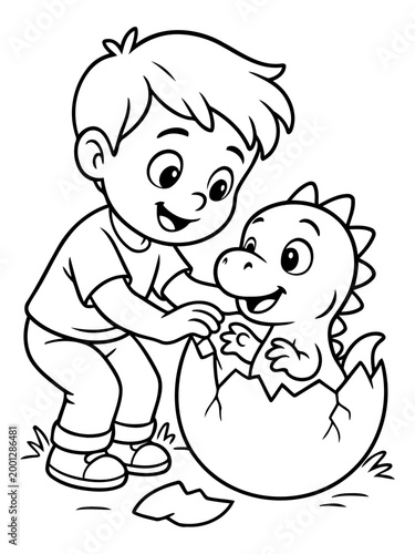 Friendship's Dawn: A tender moment unfolds as a young boy interacts with a newly hatched dinosaur in an illustration filled with joy and wonder.