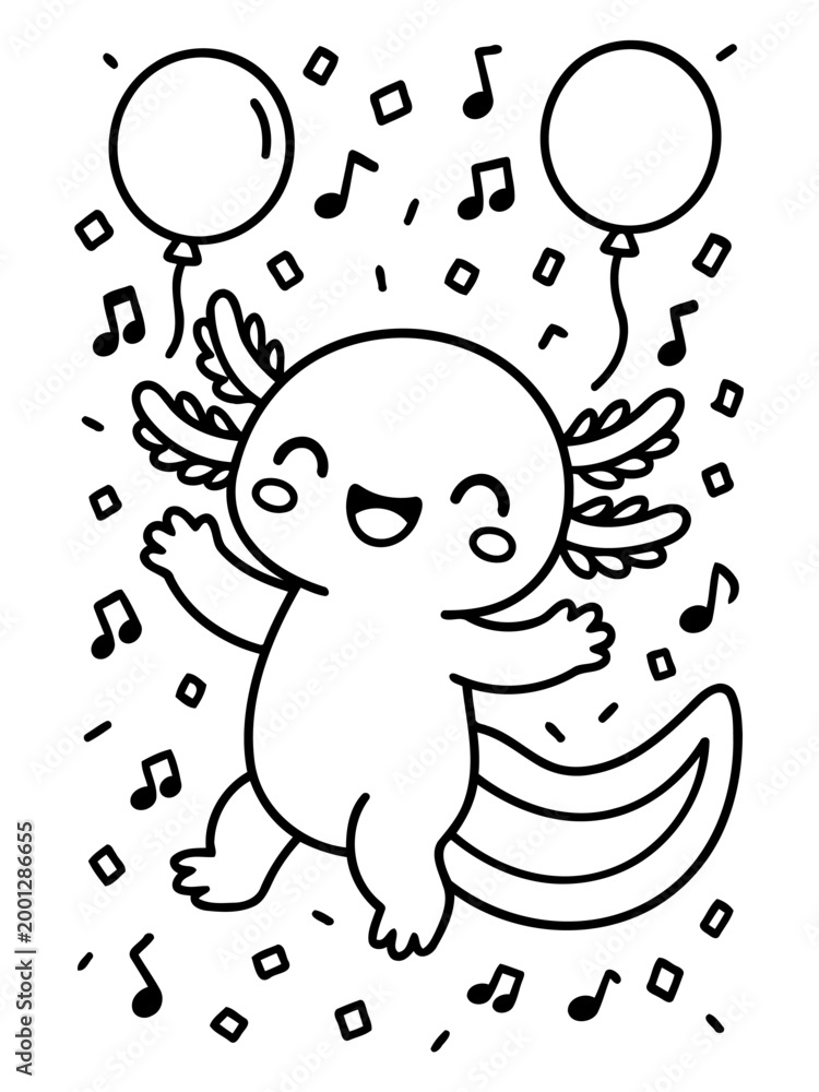 Obraz premium Festive Axolotl's Celebration: A joyous axolotl, balloons, and musical notes in a celebratory dance of joy, capturing a mood of celebration and merriment.