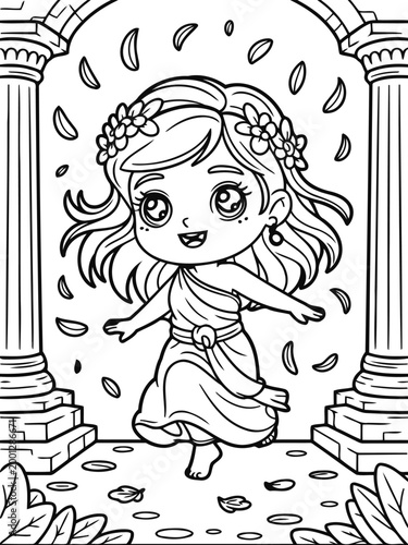 Mythical Maiden's Dance: A captivating illustration of a whimsical maiden adorned with a floral wreath, gracefully dancing amidst falling petals, flanked by classical columns.