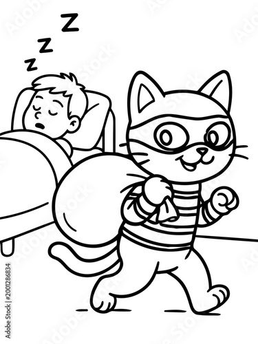 Cartoon Cat Burglar and Sleeper: A playful cartoon depicts a mischievous cat burglar tiptoeing away from a sleeping figure.