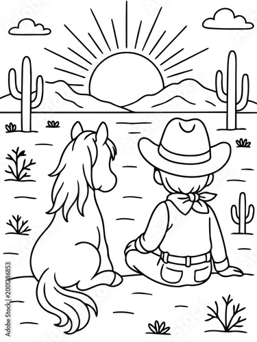 Cowboy and Horse in the Desert: A young cowboy and his trusty horse gaze out at a beautiful desert sunset. Featuring detailed line art.