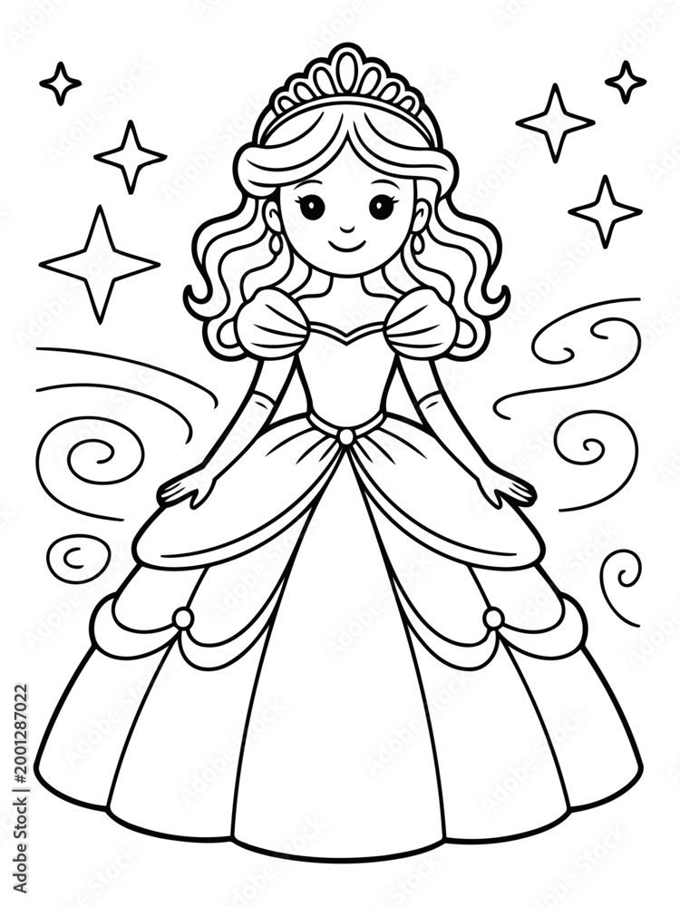 Fototapeta premium Royal Charm: A radiant princess with flowing hair and a regal tiara stands poised, ready for any adventure.