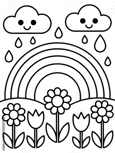 Cheerful Rainbow Scene: An artistic display of a vibrant rainbow arches over a field of blooming flowers and falling rain. Creating a sense of delight.