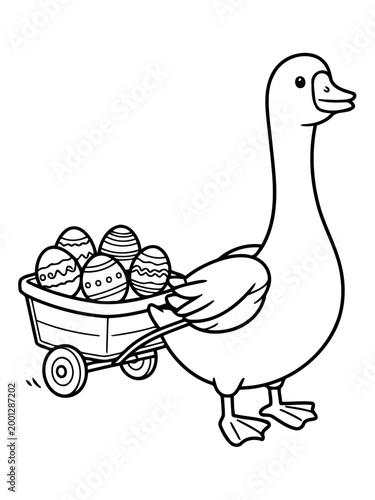 Easter Egg Delivery: A charming goose cheerfully hauls a cart filled with intricately decorated Easter eggs. The illustration radiates joy and the spirit of the season.