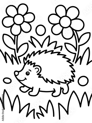 Playful Hedgehog's Garden: A charming hedgehog explores a whimsical garden scene, surrounded by blooming flowers and playful elements, ideal for creative projects.
