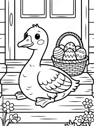 Duckling and Decorated Eggs: A cute duckling sits contentedly beside a basket filled with beautifully decorated eggs, with a welcoming doorway in the backdrop, perfect for Easter celebrations.