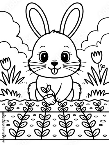 Playful Rabbit in the Garden: An adorable rabbit holds a small plant, surrounded by whimsical garden elements, rendered in a delightful black and white illustration.