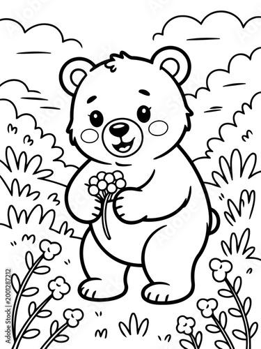 Cute Bear with Flowers: A charming illustration depicts a delightful bear cub, holding a bouquet of flowers amidst a playful floral backdrop.