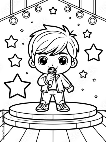 Stage Performer's Spotlight: A captivating monochrome illustration of a young singer with microphone stands confidently on stage, stars creating a magical atmosphere