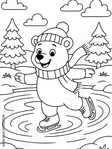 Bear Ice Skating Illustration: A joyful bear figure, adorned in a cozy winter hat and scarf, gracefully ice skates on a frozen pond.