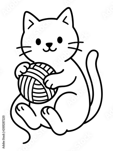 Playful Companion: A charming cartoon cat, with a cheerful demeanor, cradles a ball of yarn, embodying the essence of playful companionship and simple joy.