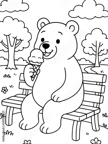Bear's Ice Cream Delight: A charming bear enjoys a delicious ice cream cone while sitting on a park bench. A delightful scene, evoking a sense of joy and the simple pleasures of life.