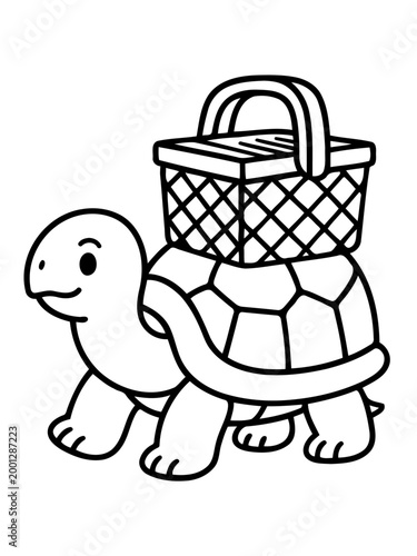 Turtle's Picnic Adventure: A cheerful turtle strolls along, carrying a picnic basket, ready for a delightful outdoor adventure.