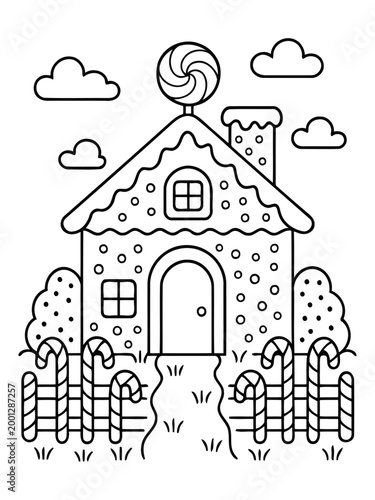 Gingerbread House illustration: An illustrated view of a quaint gingerbread house with a candy cane fence. It's a whimsical, cheerful, and festive scene.