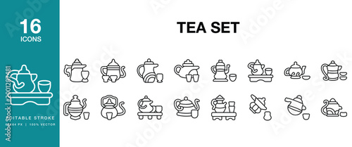Tea Set icon set. Includes tea, set, teapot, teacup, saucer, kettle, porcelain and More. Editable Stroke Icon Collection.