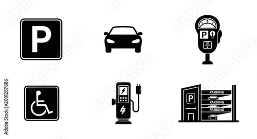 Collection of parking and transportation icons and symbols.
