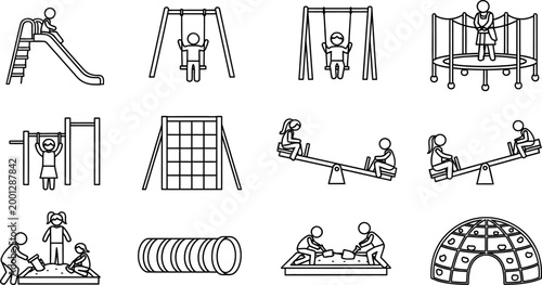 Collection of playground equipment icons featuring children playing on slides swings trampolines seesaws and sandboxes in a minimalist line art vector style